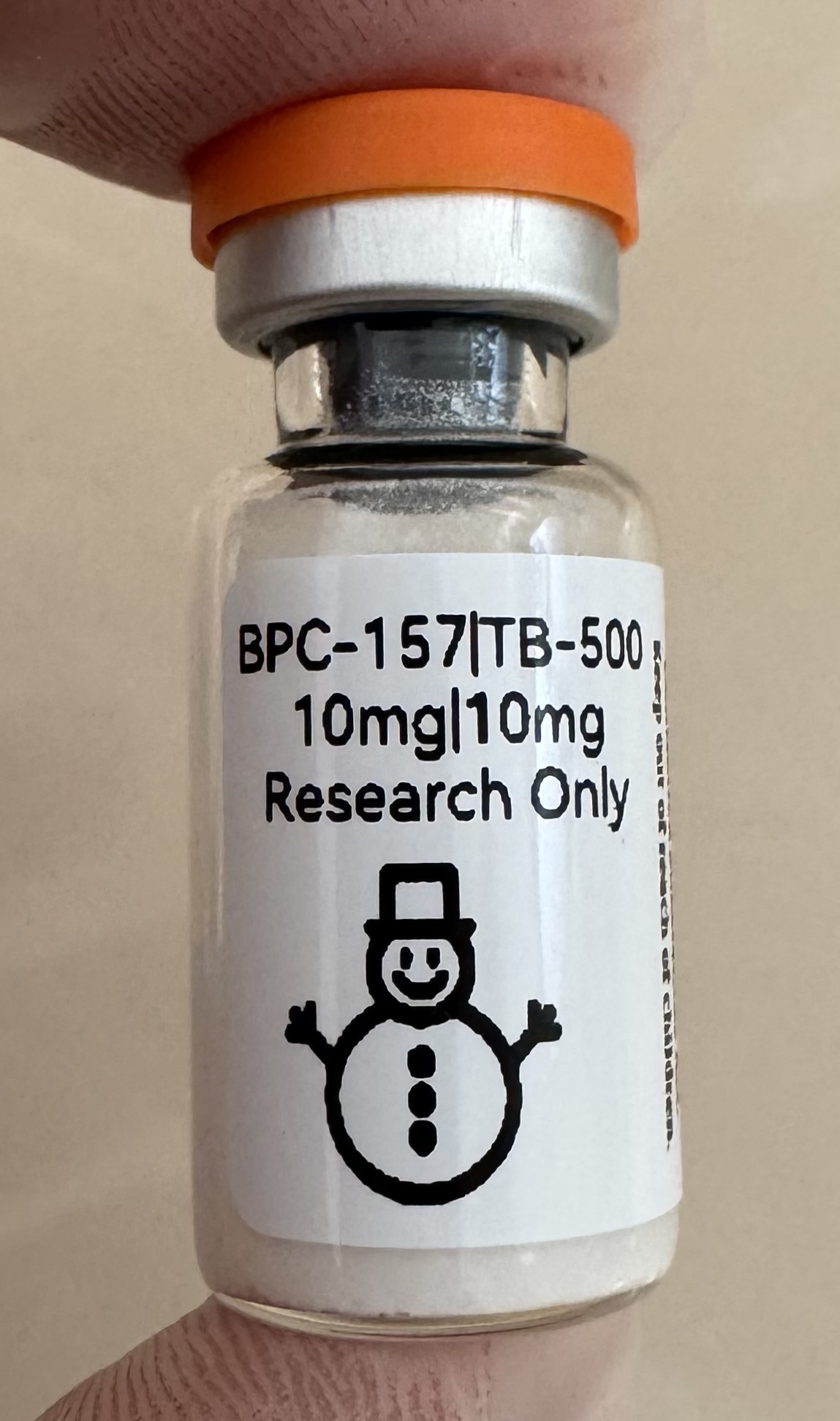 BPC-157 + TB-500 combined 10mg/10mg freeze-dried research vial with the snowman label