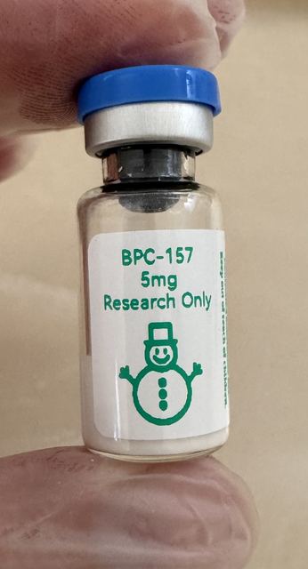 BPC-157 pentadecapeptide 5mg freeze-dried research vial with the snowman label