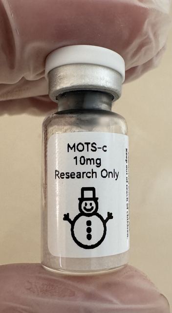 MOTS-c mitochondrial-derived peptide 10mg freeze-dried research vial with the snowman label