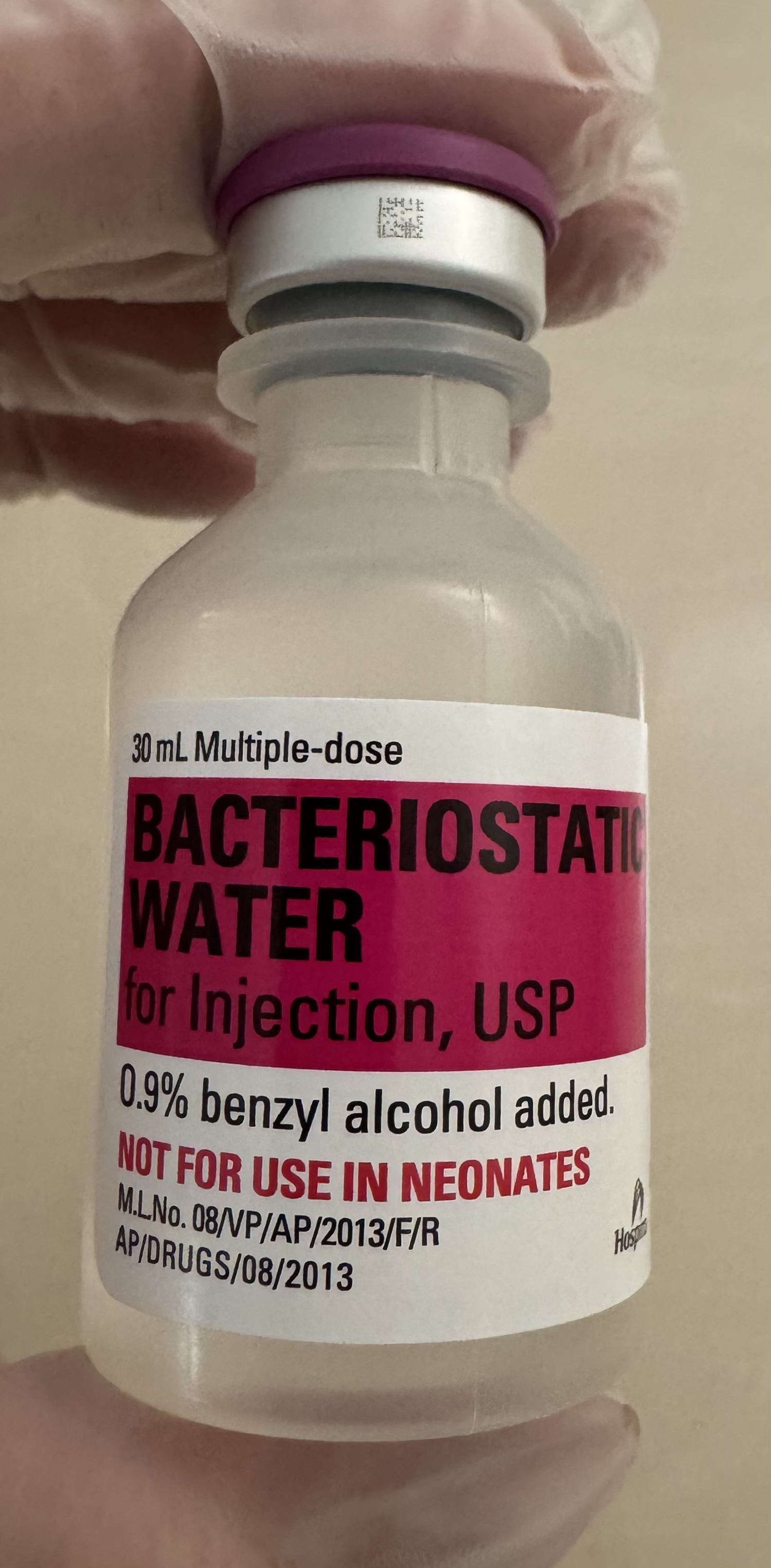30 mL multiple-dose bacteriostatic water vial, label reads 0.9% benzyl alcohol added