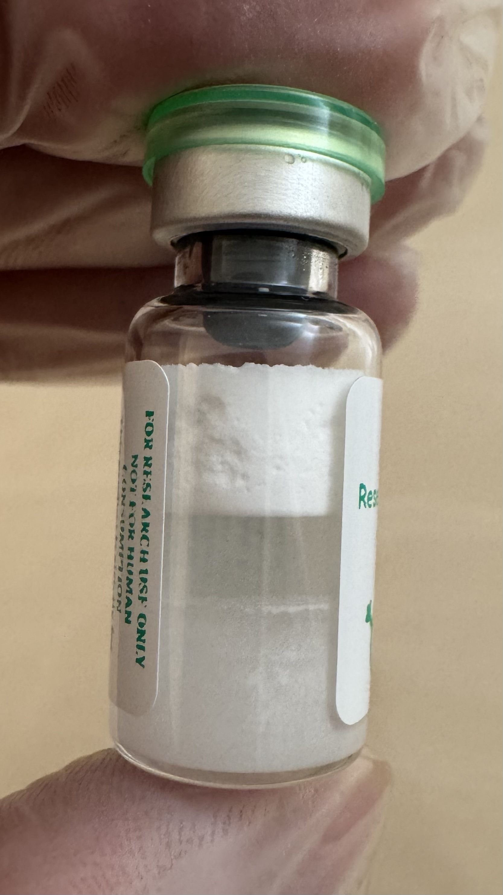 Lyophilized Tirzepatide (GIP/GLP-1) 10mg powder cake inside the sealed vial