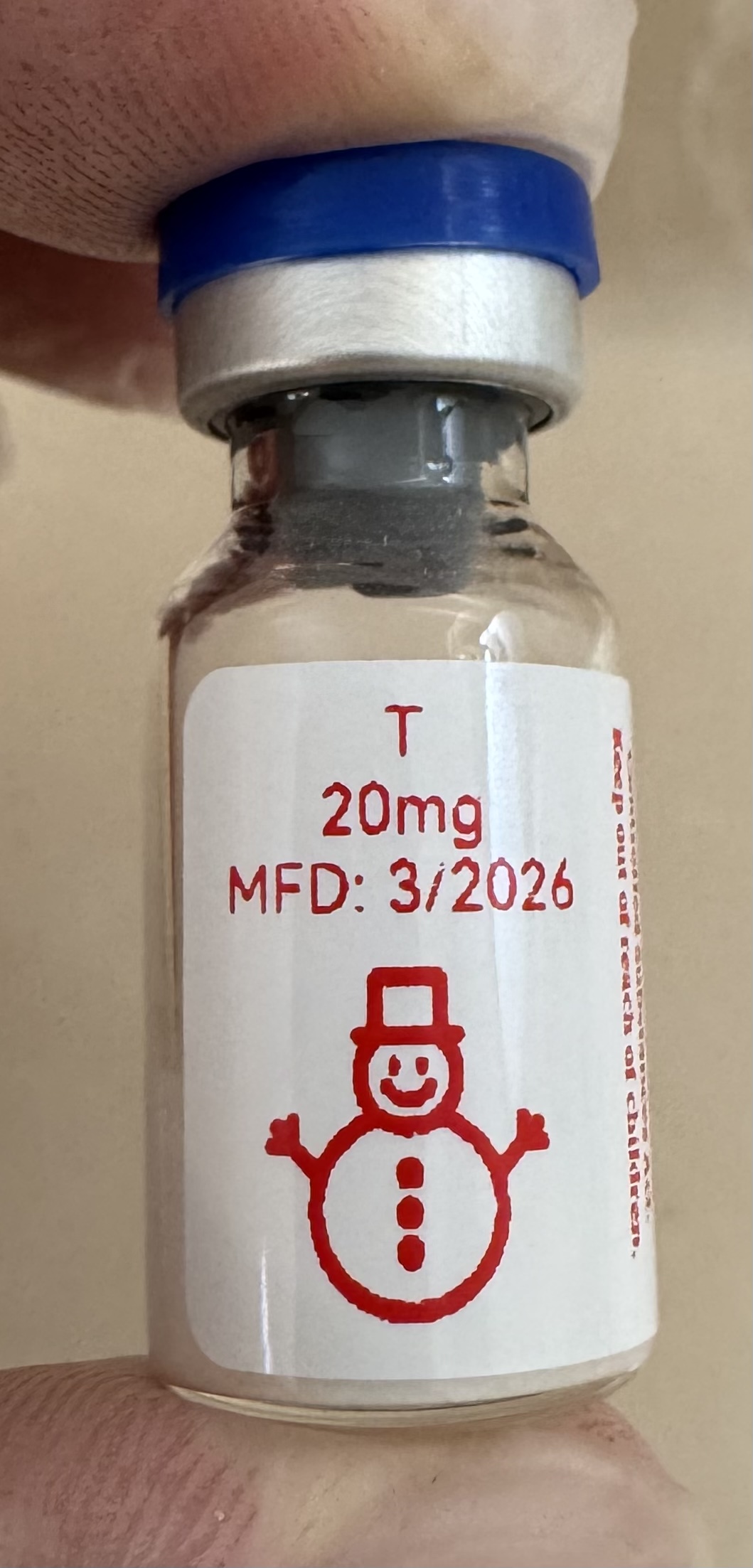 Tirzepatide (GIP/GLP-1) 20mg freeze-dried research vial with the snowman label